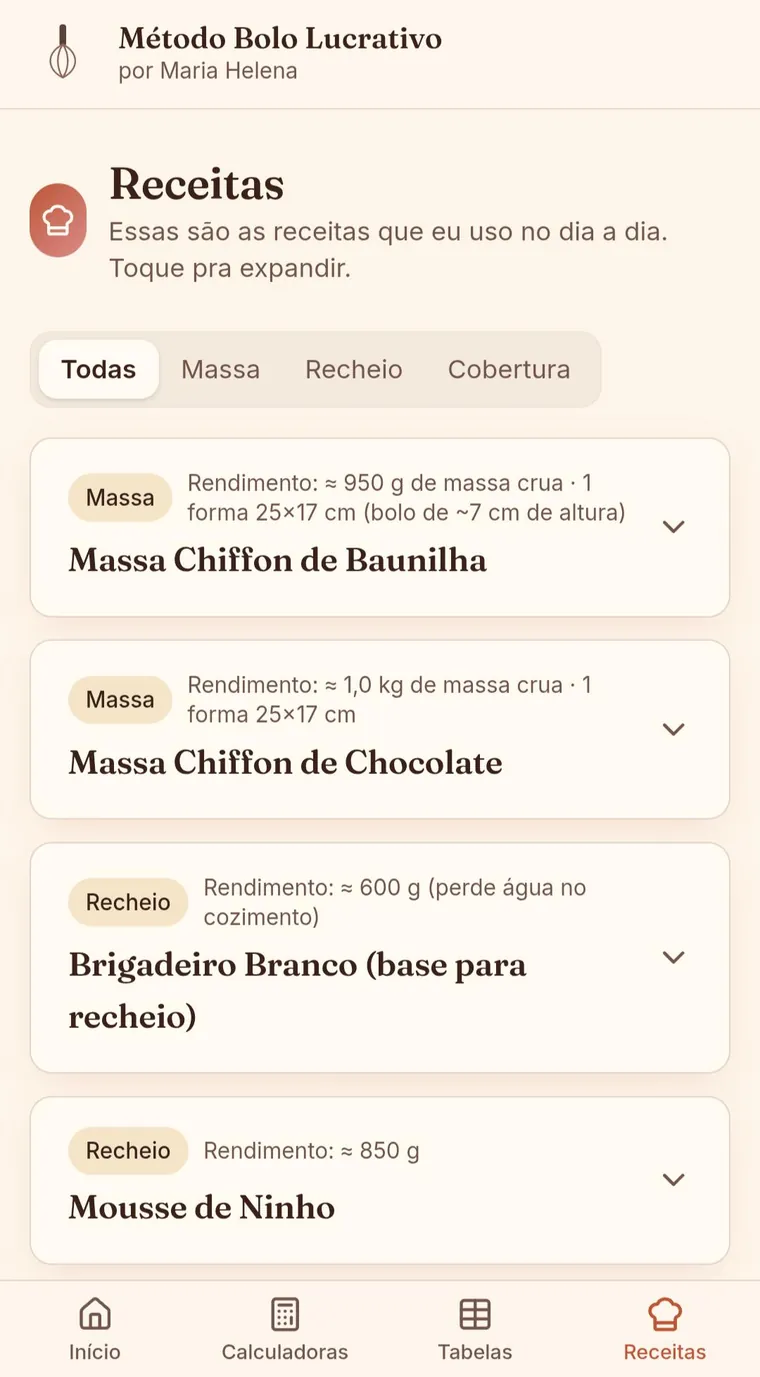 Lista de receitas do Método Bolo Lucrativo